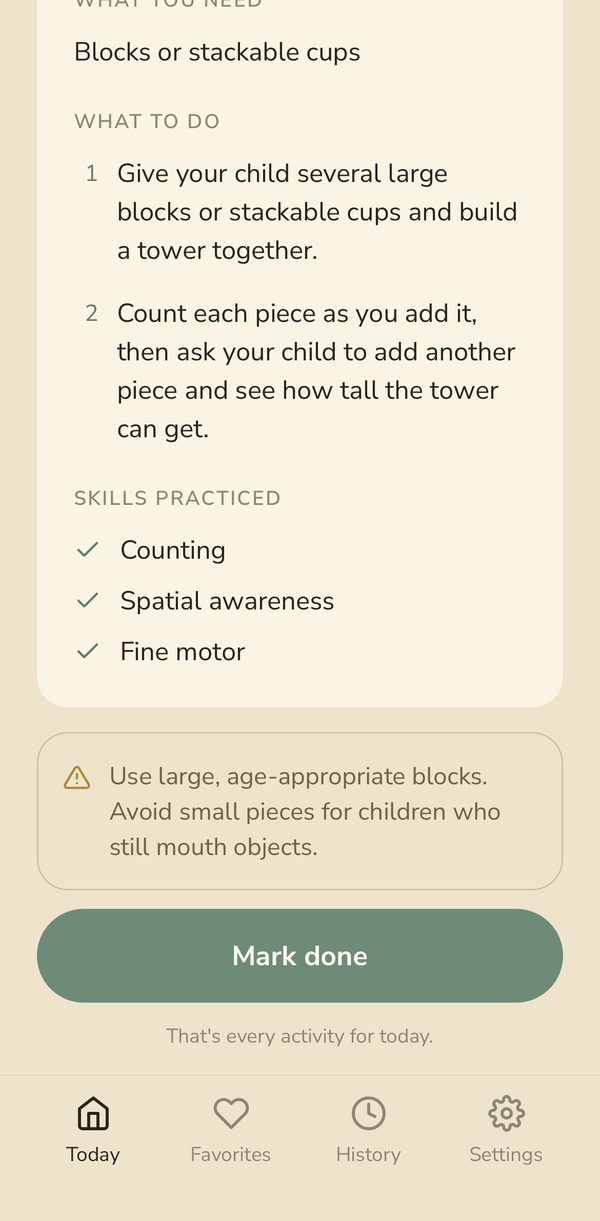 Activity steps for Tower Challenge with a safety note and a Mark done button.