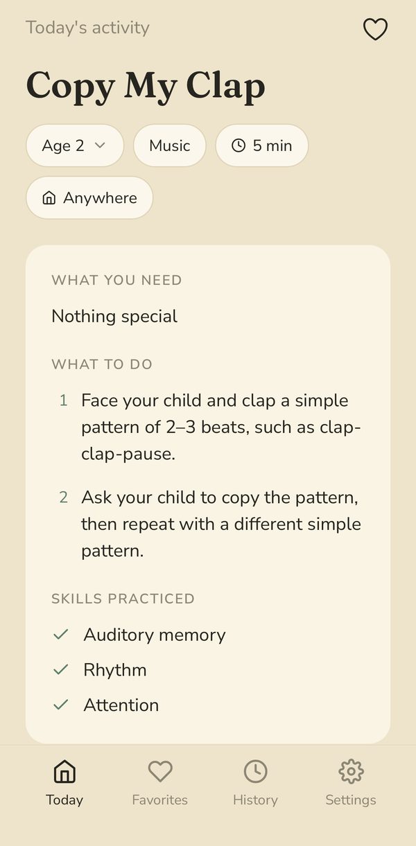 The Handful of Minutes app showing today's activity, Copy My Clap, for a 2-year-old: what you need, two steps, and the skills practiced.